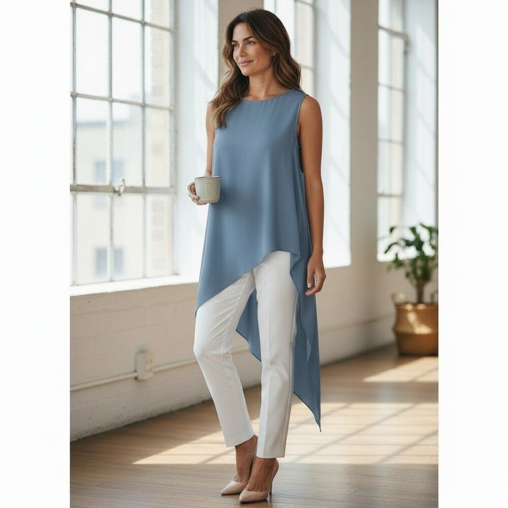 CARLA by Rozarancio Asymmetric Sleeveless Tunic Top –Light Blue Size 8 (EU 40)